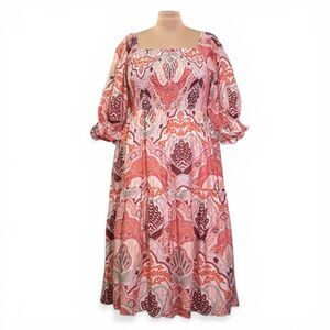 FATE Pink Multi Abstract Smocked Tiered Midi, NWT! Size 2X